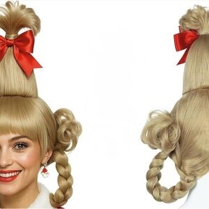 Cindy Lou Style Blonde Wig with Red Bow